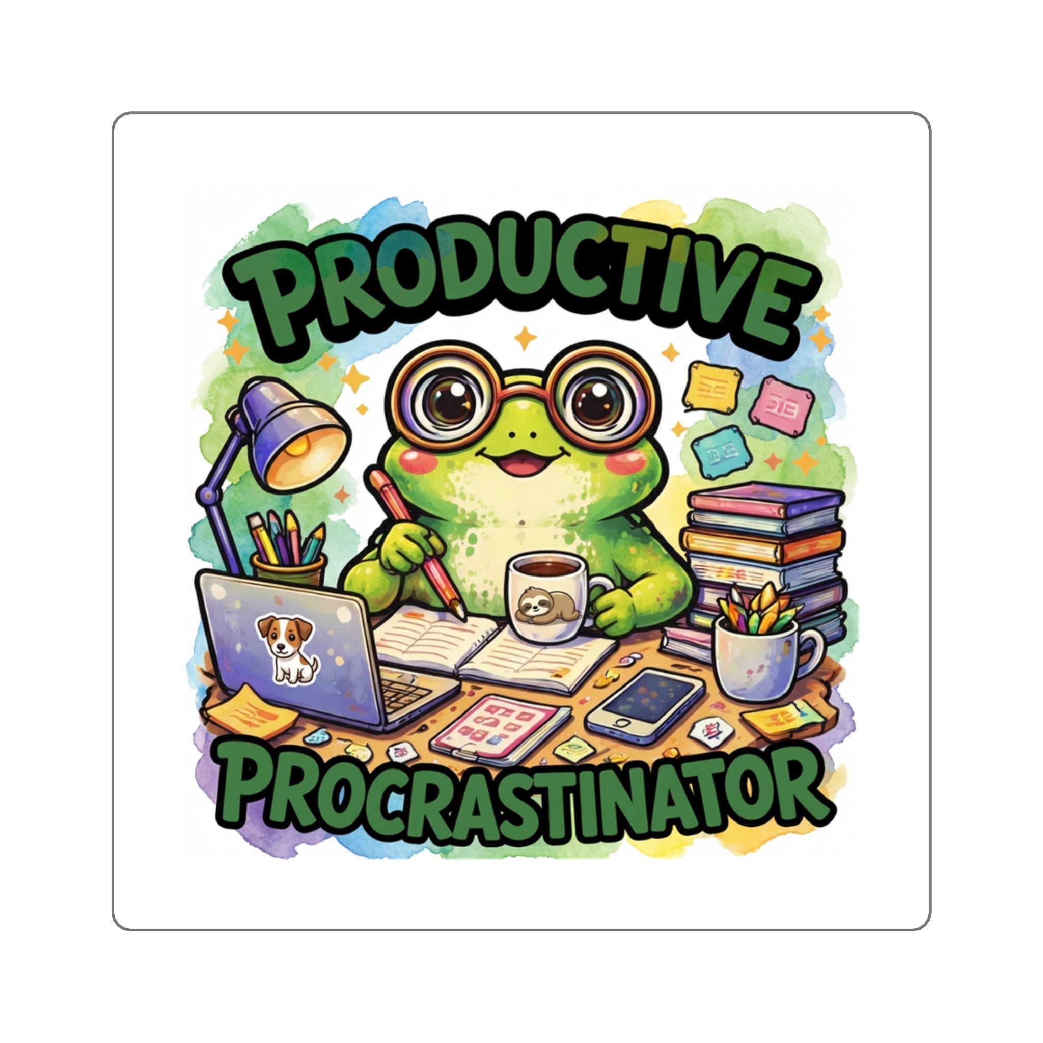 Productive Procrastinator Sticker — Cute Frog Study Laptop Decal